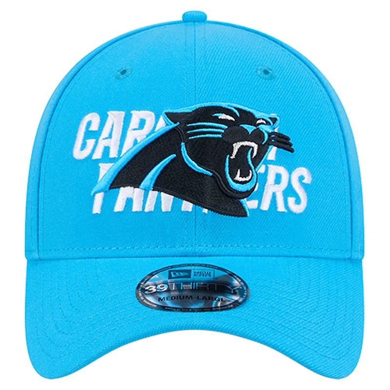 Casquette extensible 39THIRTY bleue New Era pour homme avec logo superposé des Carolina Panthers