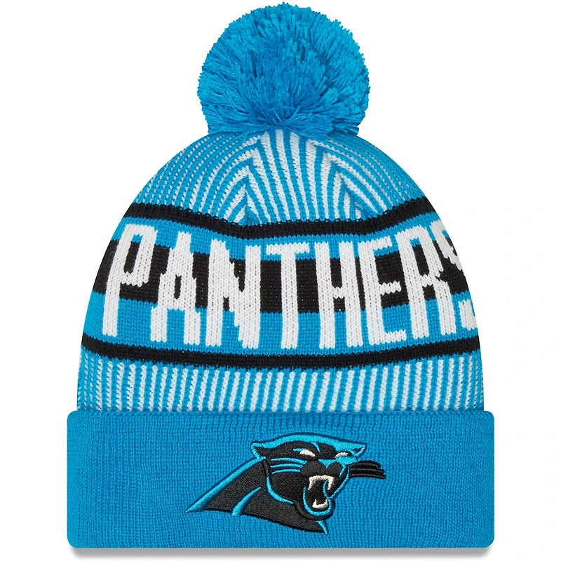 Bonnet en tricot rayé à revers et pompon New Era pour hommes, bleu, Carolina Panthers