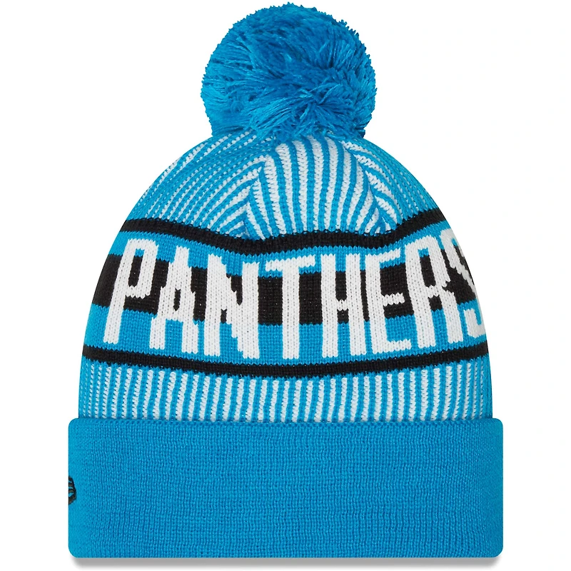 Bonnet en tricot rayé à revers et pompon New Era pour hommes, bleu, Carolina Panthers