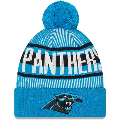 Bonnet en tricot rayé à revers et pompon New Era pour hommes, bleu, Carolina Panthers