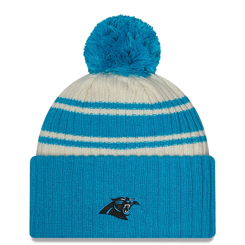 Men's New Era Cream/Blue Carolina Panthers 2022 Sideline - Sport Cuffed Pom Knit Hat