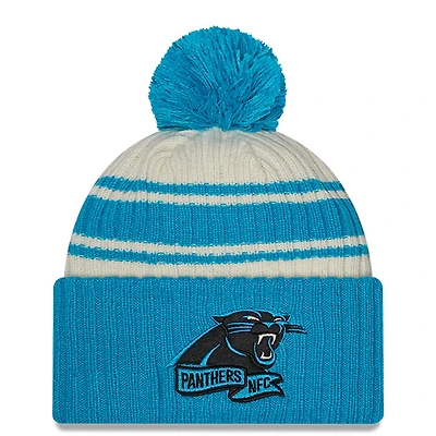 Men's New Era Cream/Blue Carolina Panthers 2022 Sideline - Sport Cuffed Pom Knit Hat