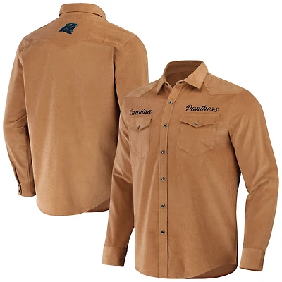 T-shirt à boutons-pression intégral pour homme de la collection NFL x Darius Rucker par Fanatics, couleur tan, Carolina Panthers Western