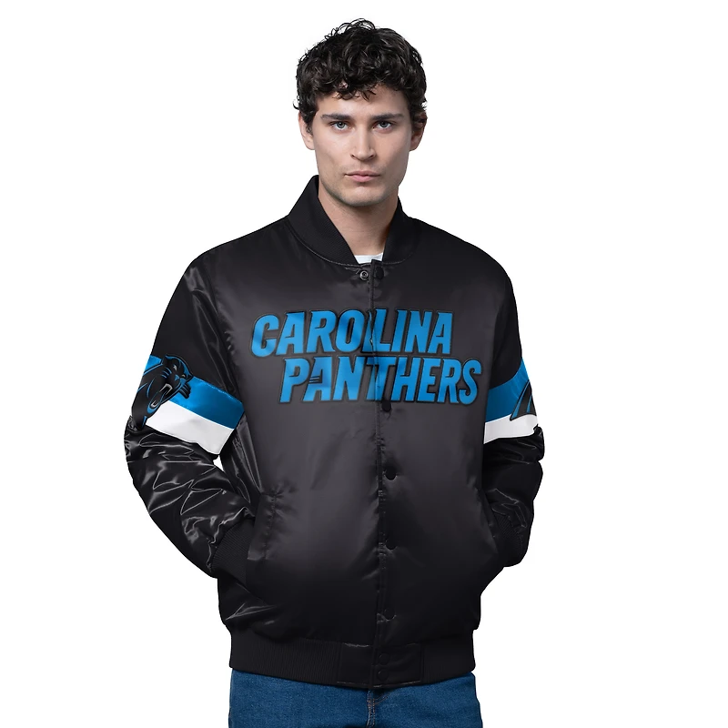 Men's Starter Black Carolina Panthers Triple Option Satin Varsity Full-Snap Jacket