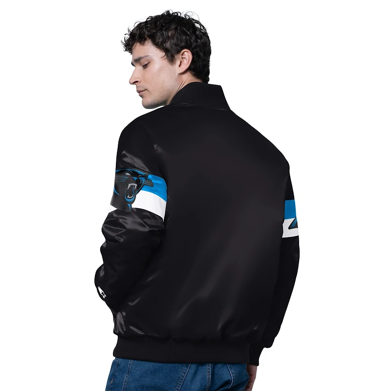 Veste universitaire noire triple option en satin pour homme des Carolina Panthers