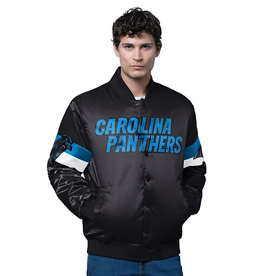 Veste universitaire noire triple option en satin pour homme des Carolina Panthers