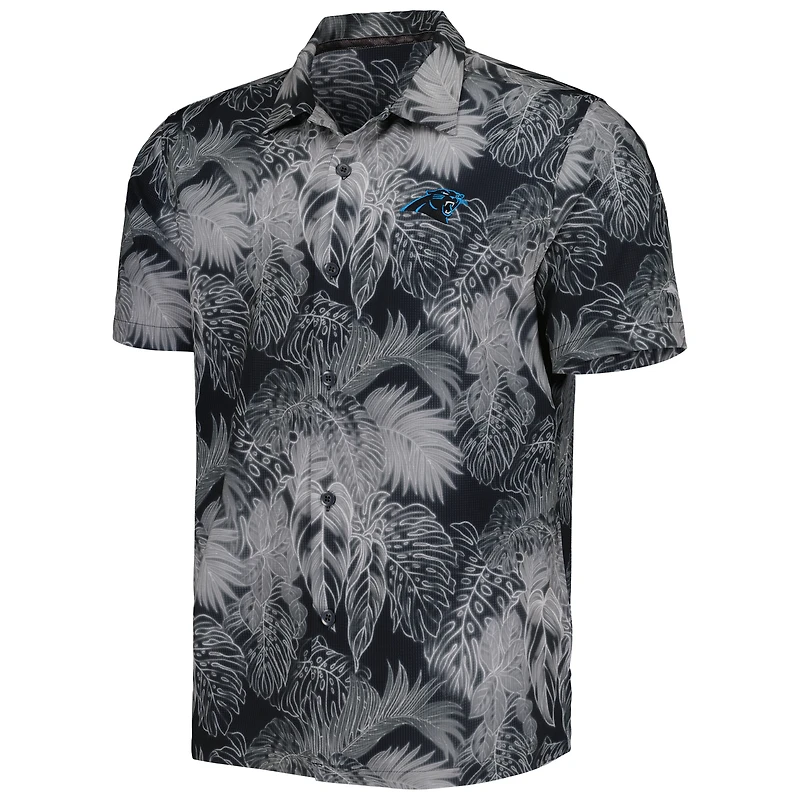 Men's Tommy Bahama Black Carolina Panthers Coast Luminescent Fronds Camp IslandZone Button-Up Shirt