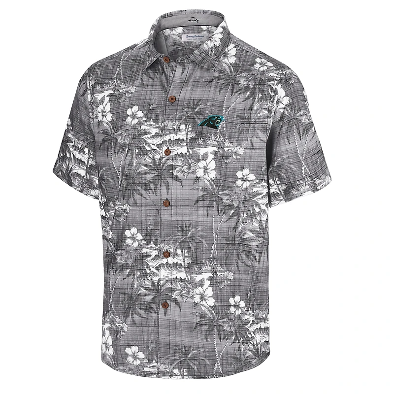 Men's Tommy Bahama Black Carolina Panthers Coconut Point Isla Palmetta Camp Button-Up Shirt