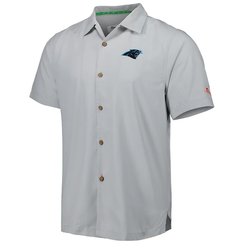 Chemise boutonnée pour homme Tommy Bahama Grey Carolina Panthers Coconut Point Frondly Fan Camp IslandZone