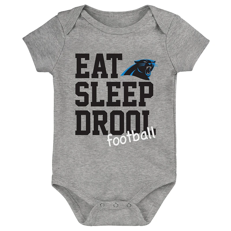 Ensemble de trois body rétro Eat, Sleep & Drool des Panthers la Caroline bleu/noir/gris chiné pour nouveau-né et nourrisson