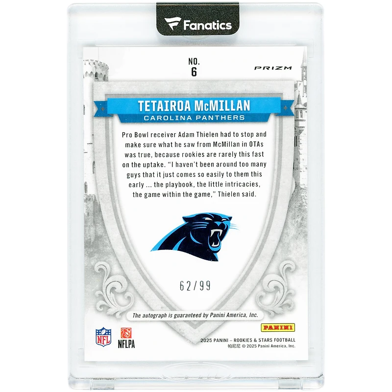 Tetairoa McMillan Carolina Panthers Autographed 2025 Panini Rookies & Stars Crusade Silver Ink #6 #62/99 Rookie Card
