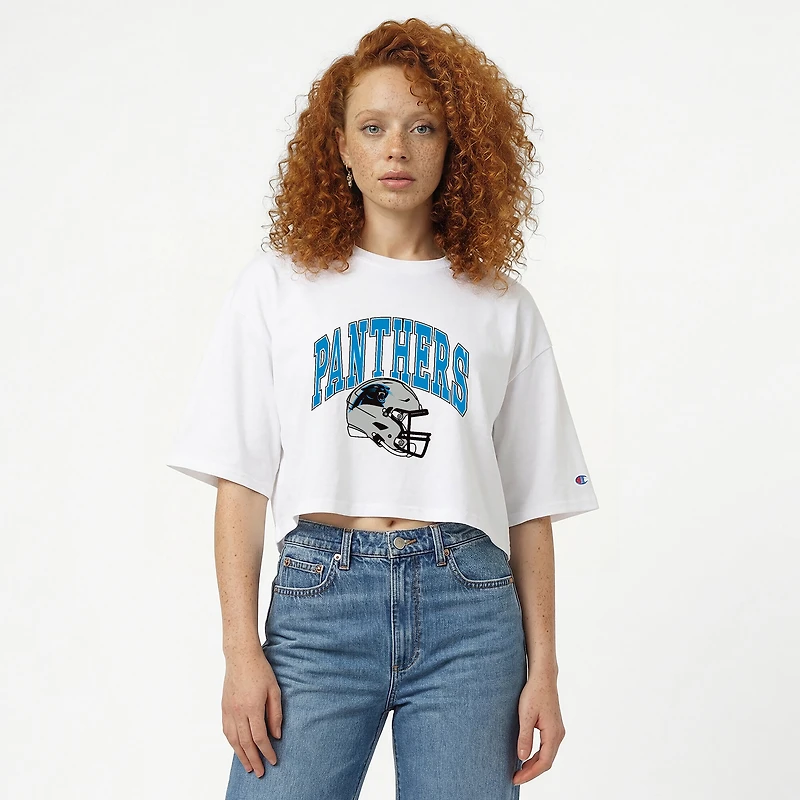 Women's Champion White Carolina Panthers Boyfriend Cropped T-Shirt
