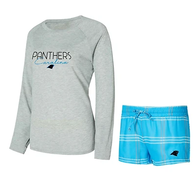Ensemble haut à manches longues et short raglan bleu/gris Carolina Panthers Petition pour femme Concepts Sport