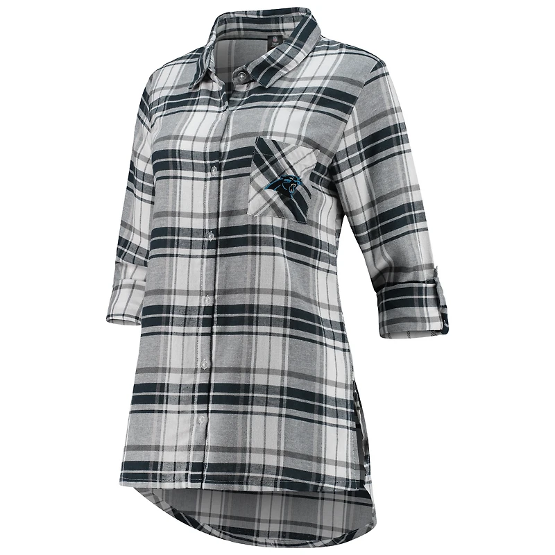 Chemise de nuit boutonnée à manches longues en flanelle pour femmes Concepts Sport Charcoal/Gris Carolina Panthers Accolade
