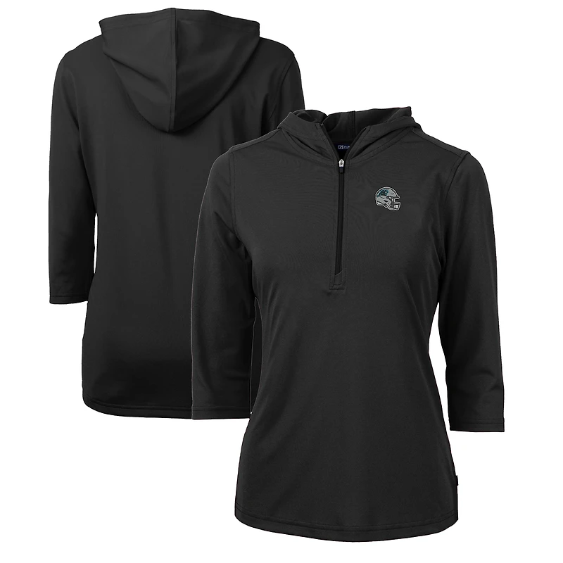 Women's Cutter & Buck Black Carolina Panthers Helmet Logo DryTec Virtue Eco Pique Recycled 3/4-Sleeve Half-Zip Pullover Hoodie