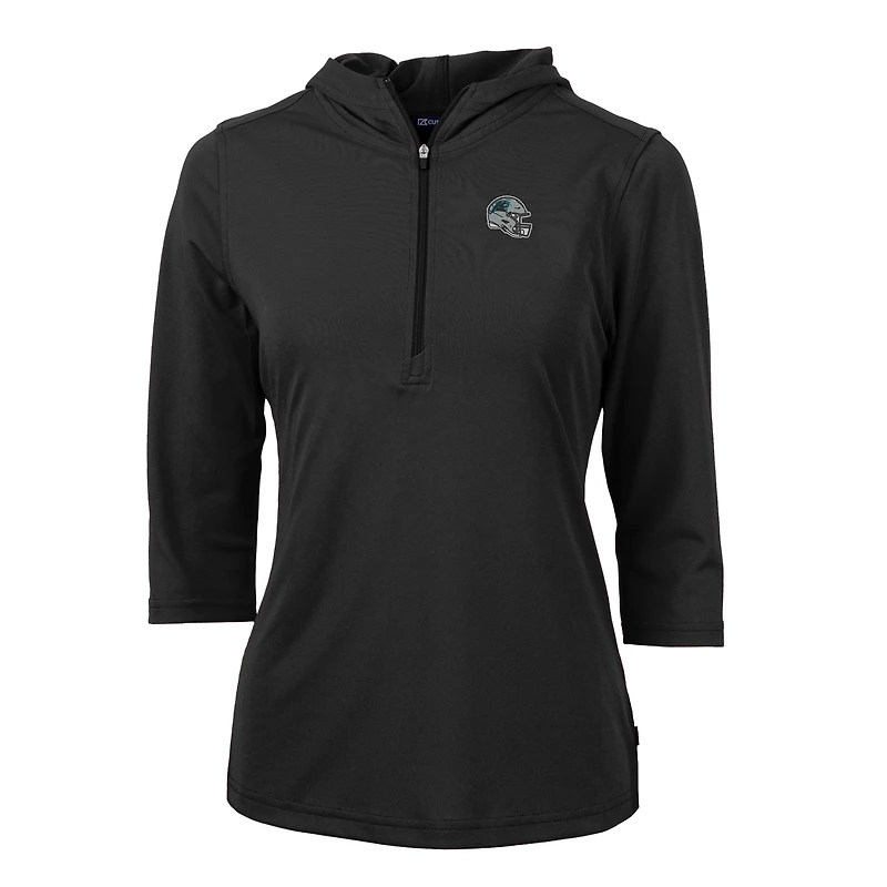 Women's Cutter & Buck Black Carolina Panthers Helmet Logo DryTec Virtue Eco Pique Recycled 3/4-Sleeve Half-Zip Pullover Hoodie
