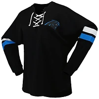 T-shirt à manches longues lacets et col en V jersey Fanatics Black Carolina Panthers Spirit pour femmes