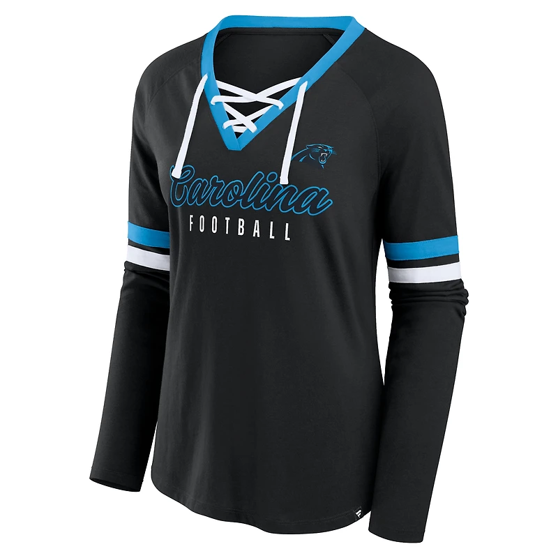 Women's Fanatics Black Carolina Panthers Won and Done Lace-Up Long Sleeve Fashion Top