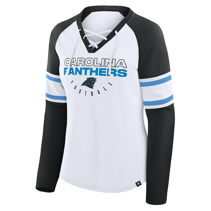 Women's Fanatics White/Black Carolina Panthers Redzone Blitz Package Raglan Lace-Up V-Neck Long Sleeve T-Shirt