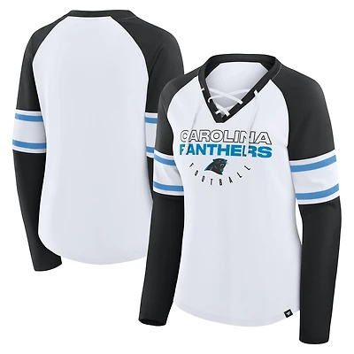 Women's Fanatics White/Black Carolina Panthers Redzone Blitz Package Raglan Lace-Up V-Neck Long Sleeve T-Shirt