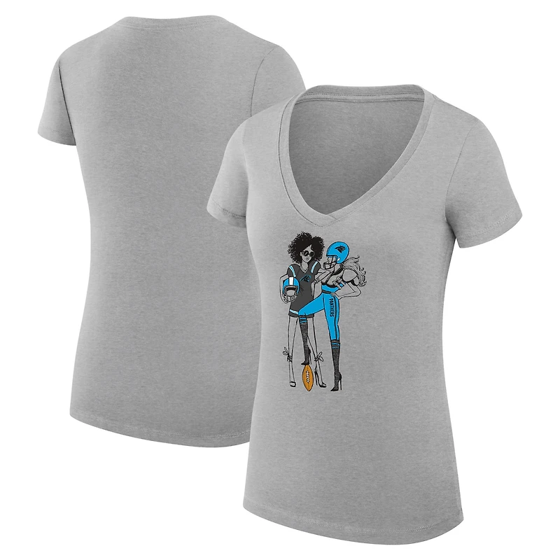 T-shirt de football léger à col en V et coupe ultra-ajustée pour femme G-III 4Her par Carl Banks, gris chiné, motif Carolina Panthers