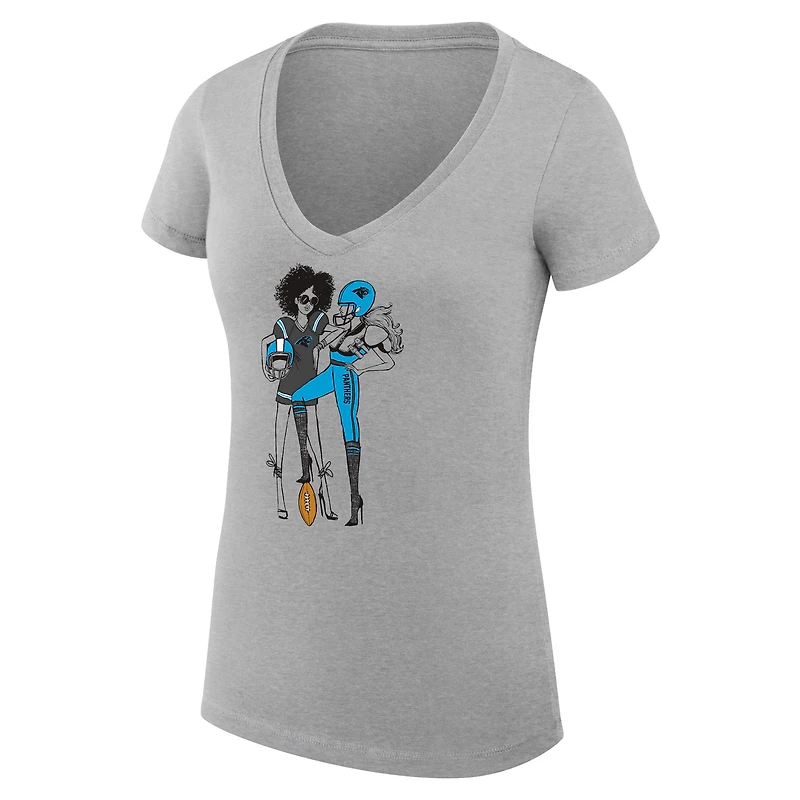 T-shirt de football léger à col en V et coupe ultra-ajustée pour femme G-III 4Her par Carl Banks, gris chiné, motif Carolina Panthers