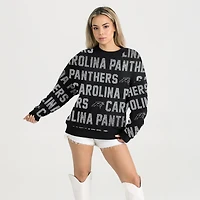 Women's Gameday Couture Black Carolina Panthers Oversized Hype Era Rhinestone Text Sweatshirt
