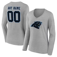 T-shirt à manches longues et col en V authentique pour femme, gris, des Panthers de la Caroline, avec nom numéro personnalisés