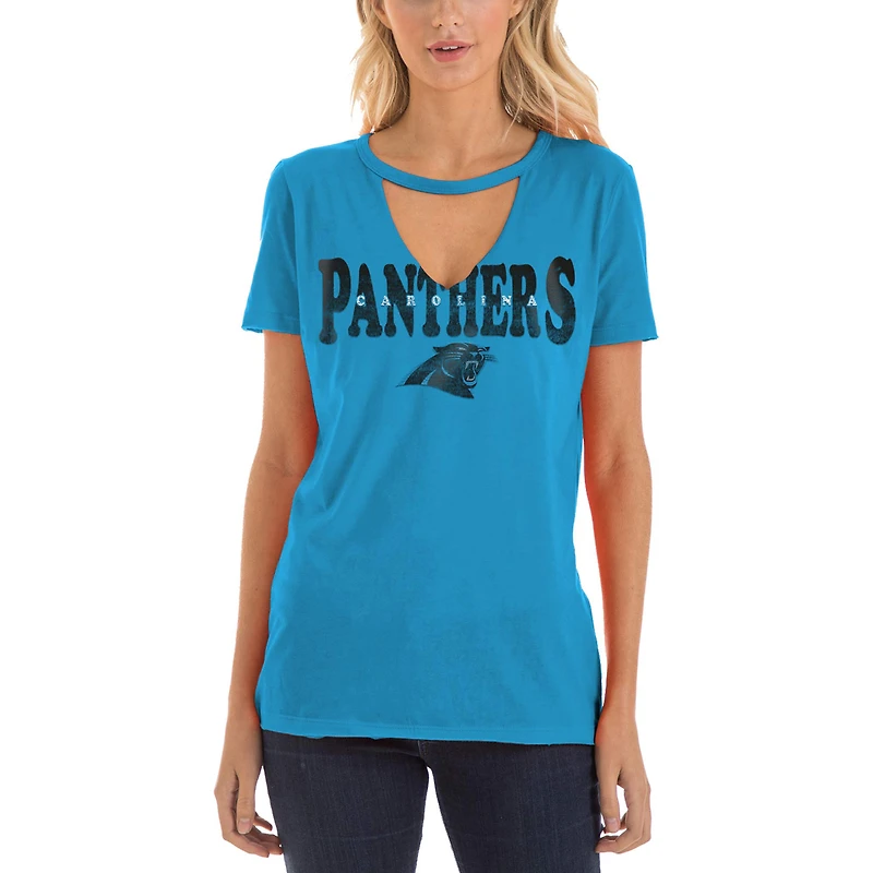 T-shirt ras du cou à col en V bleu pour femme New Era Carolina Panthers