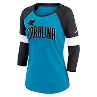 Women's Nike Carolina Panthers Blue/Heather Black Football Pride Raglan 3/4-Sleeve T-Shirt