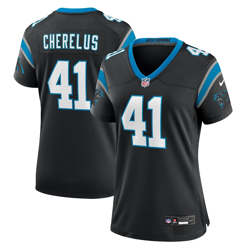 Maillot de match l'équipe Nike Claudin Cherelus des Panthers la Caroline noirs pour femmes