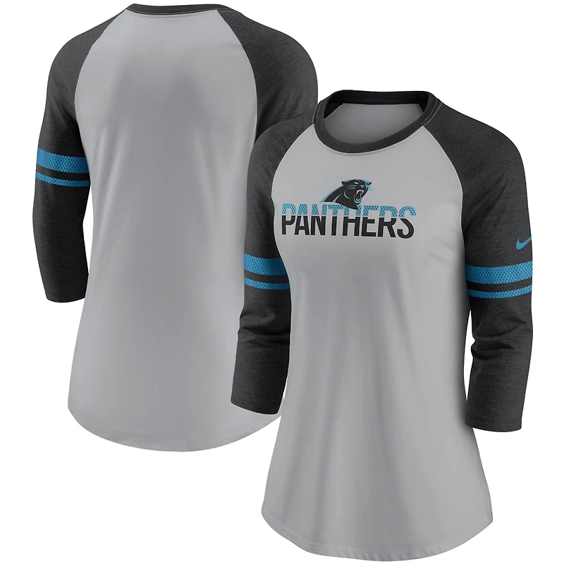 T-shirt à manches 3/4 Nike pour femme, gris chiné/noir, rayures, en maille, surnom, Carolina Panthers.
