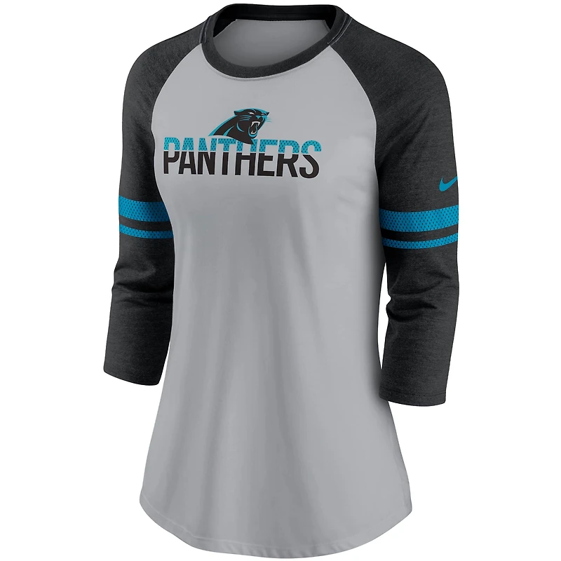 T-shirt à manches 3/4 en maille rayures Nike Carolina Panthers pour femme, gris chiné/noir