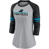T-shirt à manches 3/4 en maille rayures Nike Carolina Panthers pour femme, gris chiné/noir