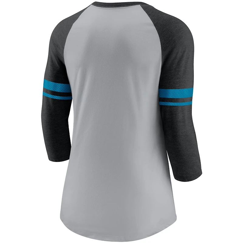 T-shirt à manches 3/4 en maille rayures Nike Carolina Panthers pour femme, gris chiné/noir