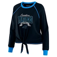 Haut à manches longues noué sur le devant noir/bleu Carolina Panthers pour femme WEAR by Erin Andrews