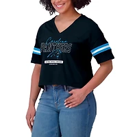Women's WEAR by Erin Andrews Black Carolina Panthers Color Block Boxy Modest Crop V-Neck T-Shirt