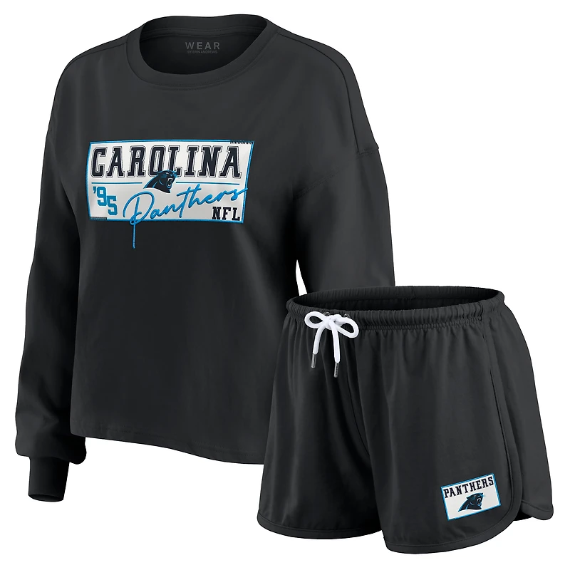Ensemble de détente pour femme WEAR by Erin Andrews, t-shirt à manches longues et short en jersey rugby épais noir des Carolina Panthers
