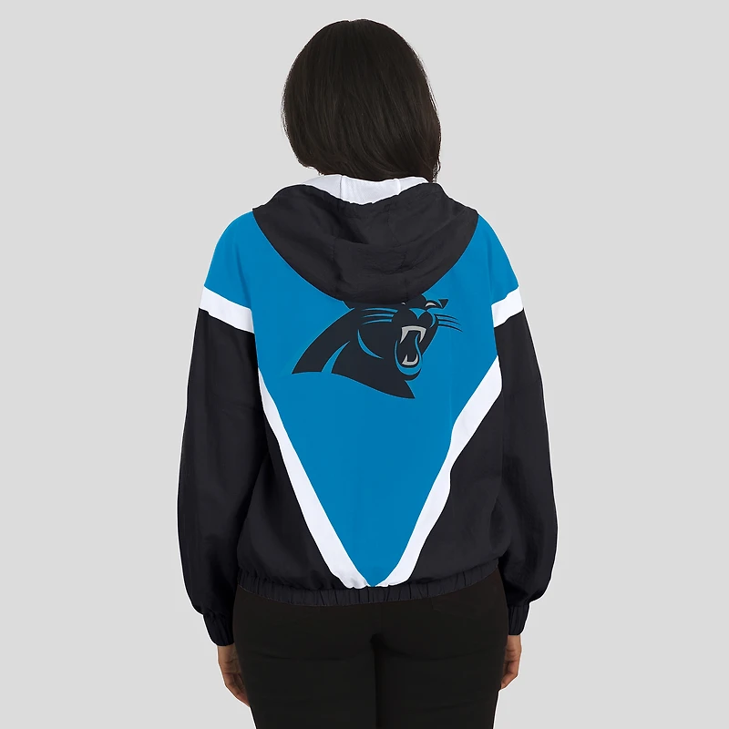 Women's WEAR by Erin Andrews Blue/Black Carolina Panthers Retro Crinkle Full-Zip Hoodie Windbreaker
