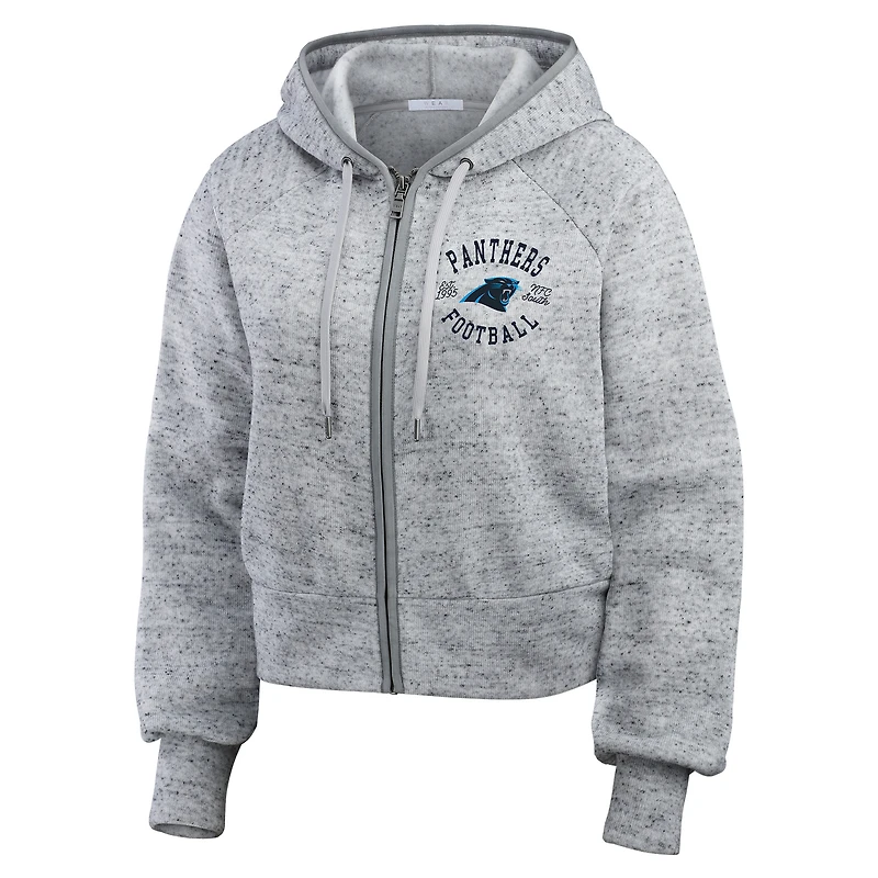 Sweat à capuche court entièrement zippé en polaire mouchetée WEAR by Erin Andrews pour femme, gris chiné, des Carolina Panthers
