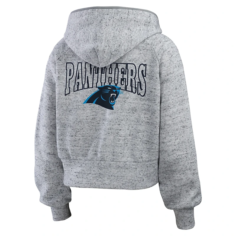 Sweat à capuche court entièrement zippé en polaire mouchetée WEAR by Erin Andrews pour femme, gris chiné, des Carolina Panthers