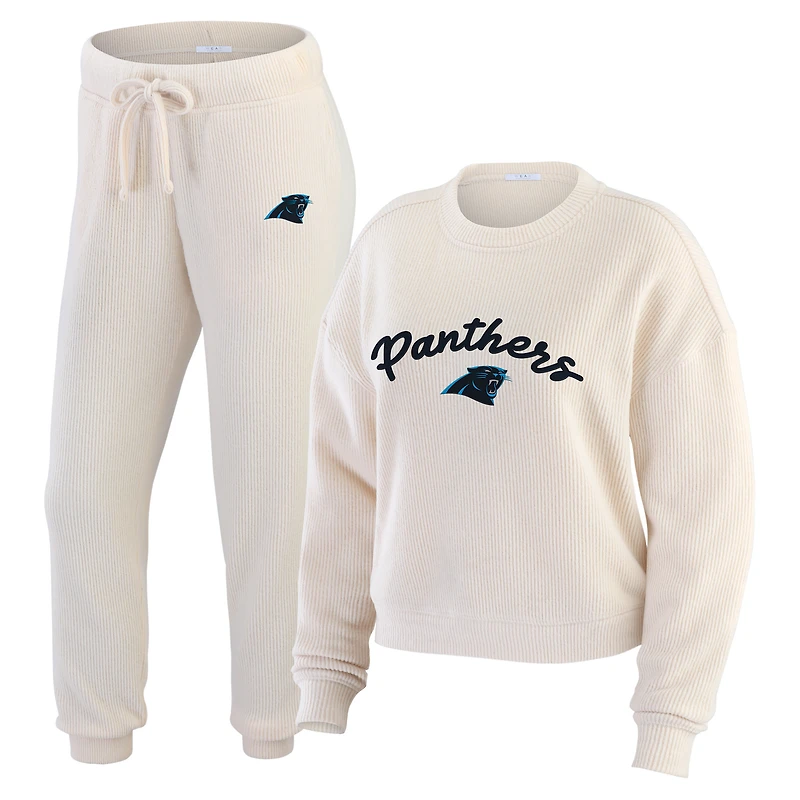 Women's WEAR by Erin Andrews Oatmeal Carolina Panthers Rib-Knit Long Sleeve T-Shirt & Pants Lounge Set
