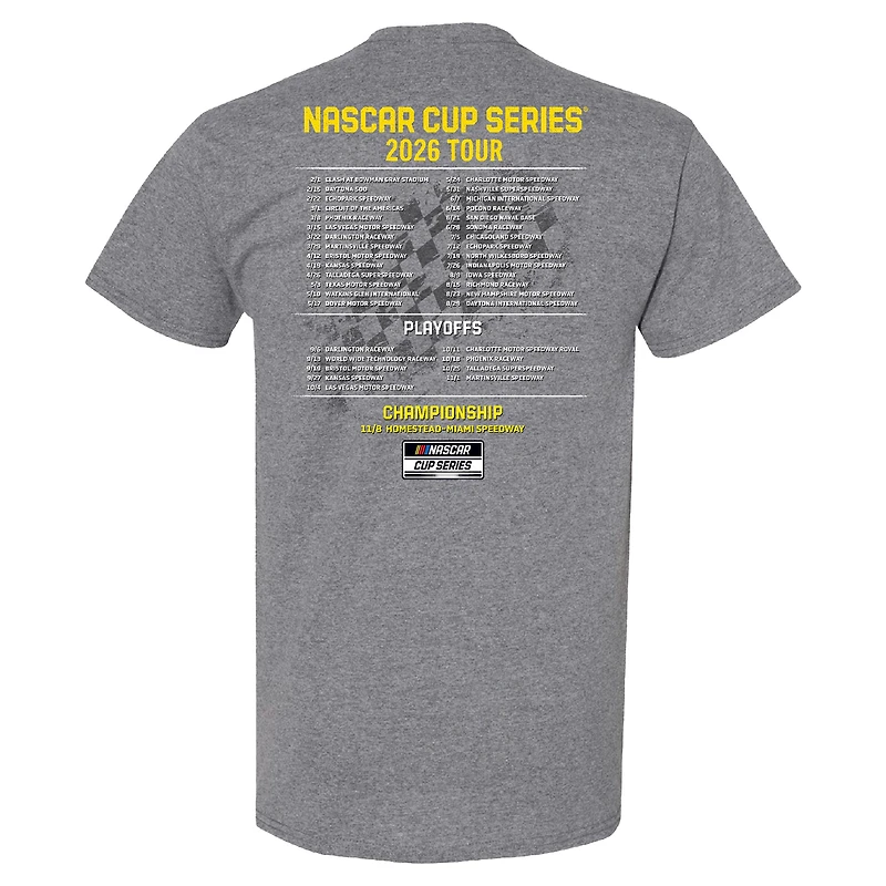 Men's Checkered Flag Sports Heather Charcoal Carson Hocevar 2026 NASCAR Schedule T-Shirt