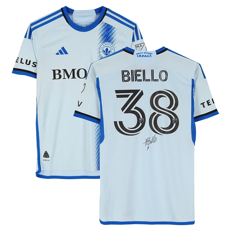 Maillot adidas bleu clair dédicacé par Alessandro Biello du CF Montréal, numéro 38, utilisé lors du match de la saison 2024 de la MLS - Taille M
