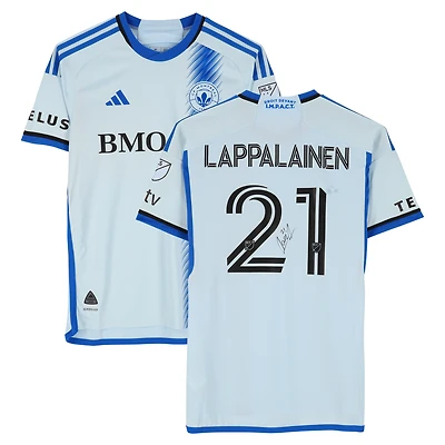 Maillot adidas bleu clair dédicacé par Lassi Lappalainen du CF Montréal, numéro 21, utilisé lors du match de la saison 2024 de la MLS - Taille M