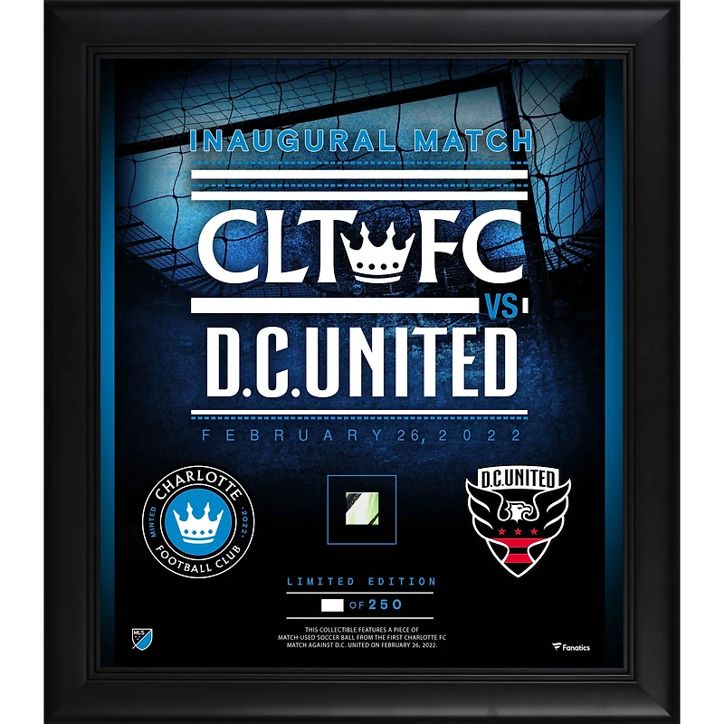 Collage encadré 15" x 17" du match inaugural du Charlotte FC 2022 contre D.C. United avec un morceau de ballon de football utilisé lors du match - Édition limitée à 250 exemplaires