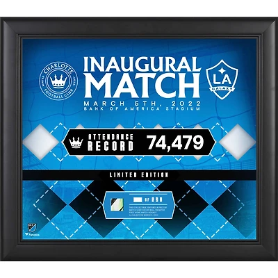 Collage encadré Charlotte FC 15" x 17" 2022 Inaugural Home Match vs. LA Galaxy Version 2 avec un morceau de ballon de football utilisé lors du match - Édition limitée à 250