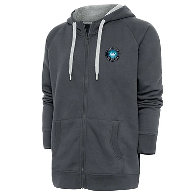 Men's Antigua Charcoal Charlotte FC Logo Victory Full-Zip Hoodie