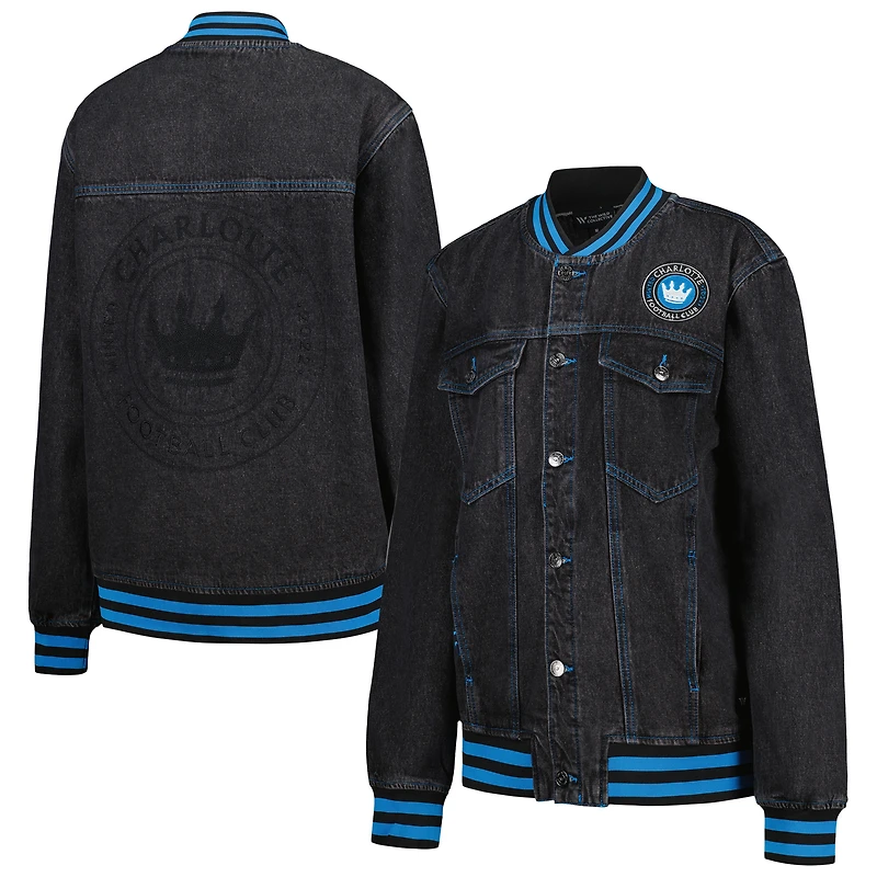 Men's The Wild Collective Black Charlotte FC Denim Full-Button Bomber Jacket