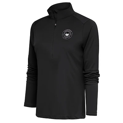 Women's Antigua Charcoal Charlotte FC Brushed Metallic Logo Tribute Half-Zip Top